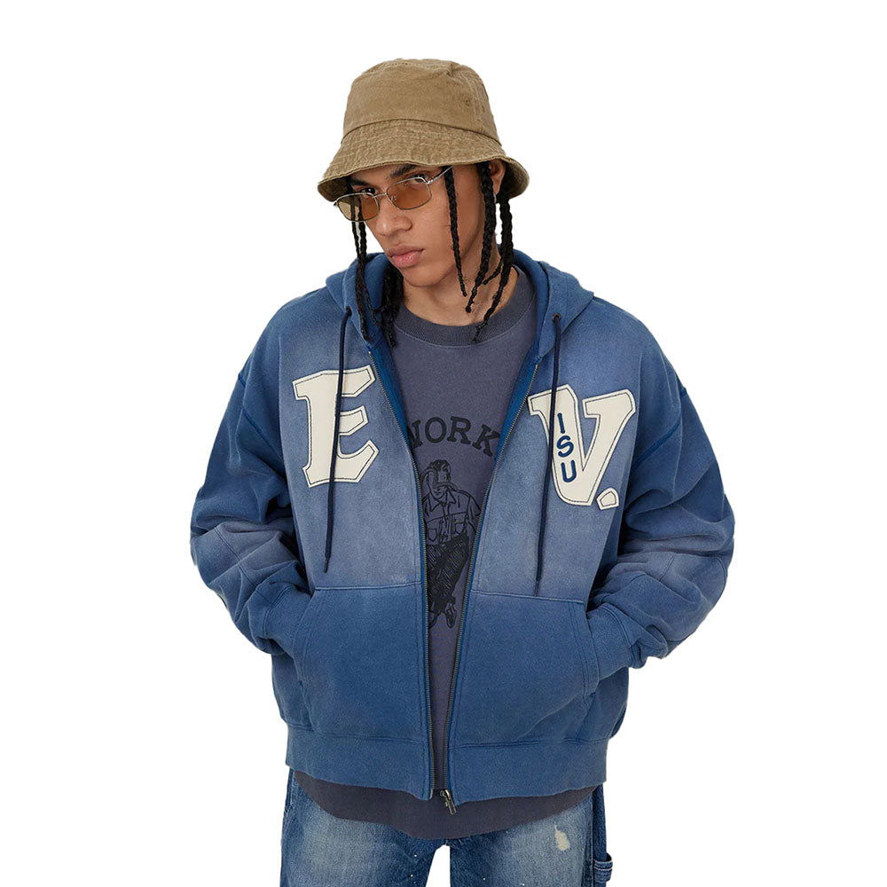 HEAVY WEIGHT WASHED EV AND SEAGULL PATCHES EMBROIDERY HOODIE